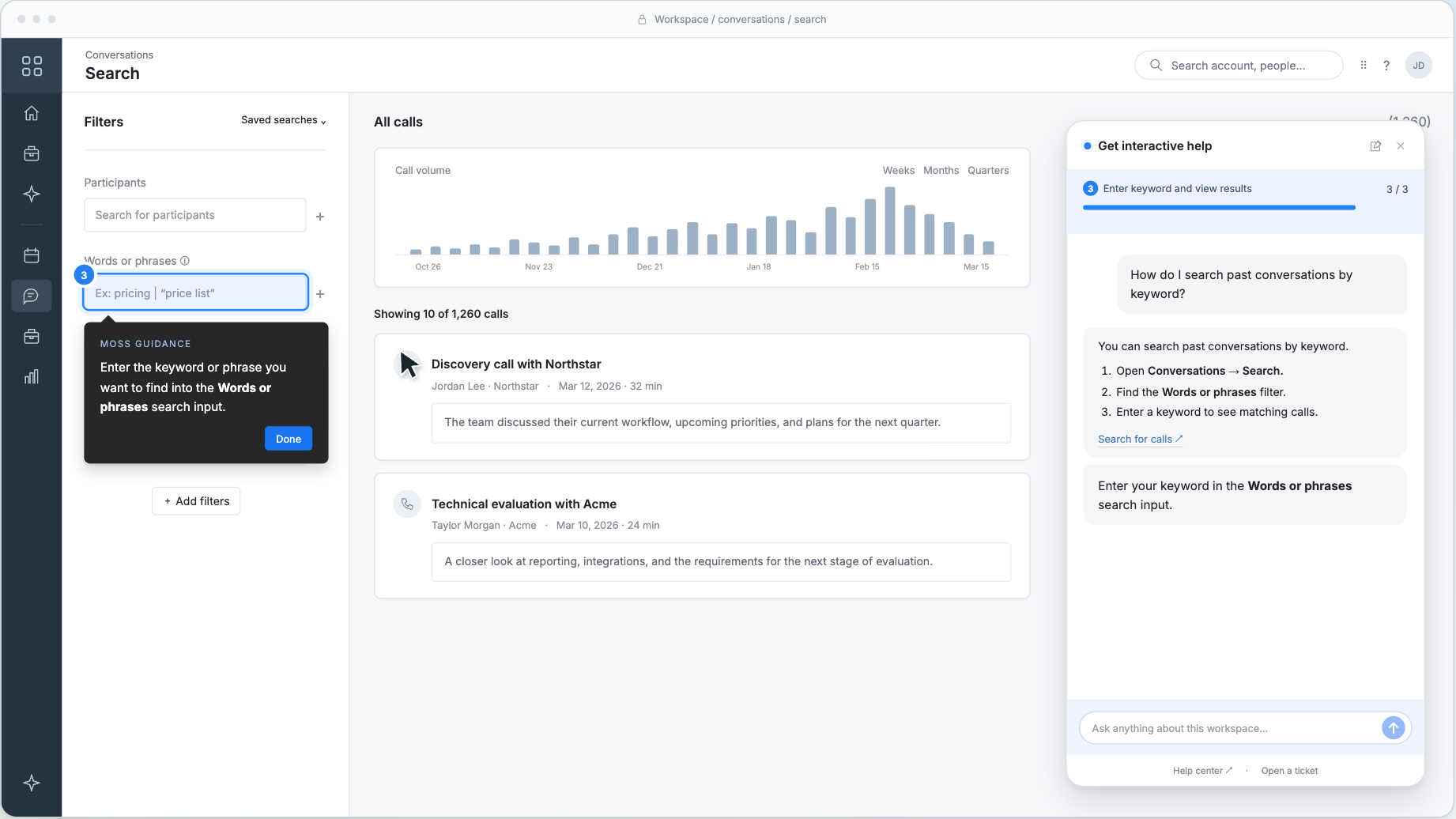 Moss answers a keyword-search question in a side panel and highlights the Words or phrases field in the product.